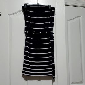 Black and white strapless knee length dress